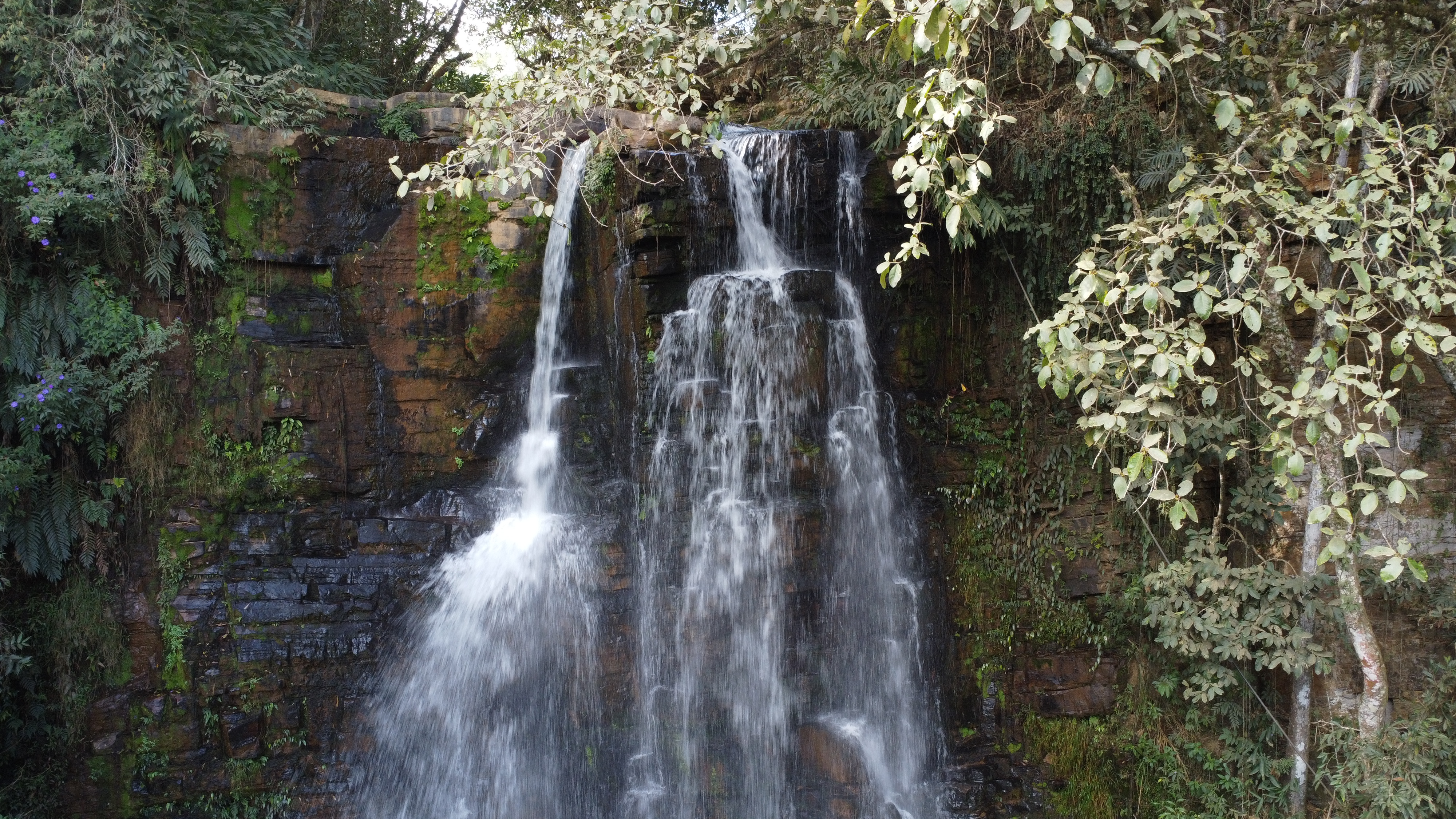 Waterfall cascading over mossy sandstone